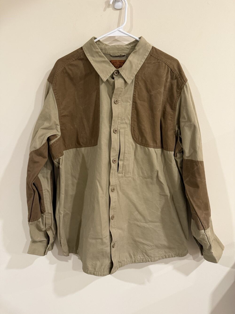 Eddie Bauer Sport Shop Shooting Shirt Mens XL Tan Brown Shoulder Elbow Patches